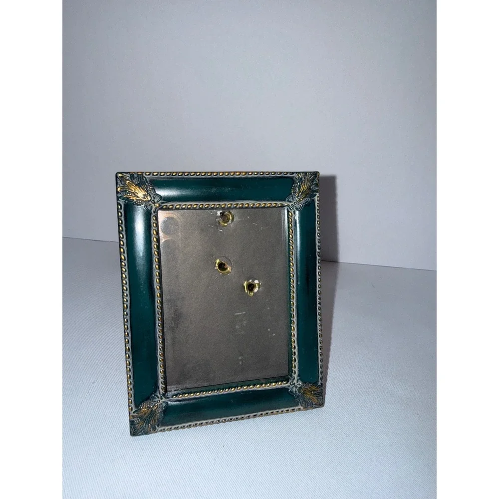 Vintage Emerald Green and Gold Ornate Beaded Enamel Photo Frame 3.5x4.5